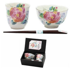 Cup & Rice bowl with chopstick set Rose - J Mart