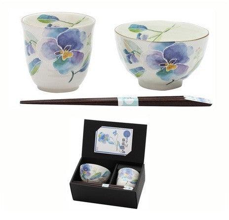 Cup & Rice bowl with chopstick set Pansy - J Mart