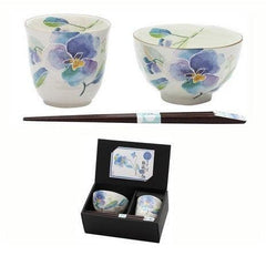 Cup & Rice bowl with chopstick set Pansy - J Mart