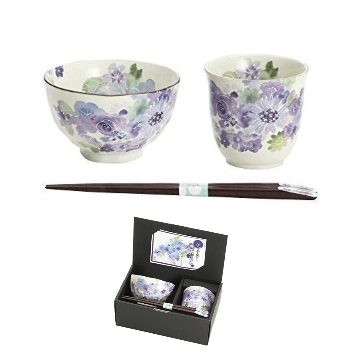 Cup & Rice bowl with chopstick set Blue - J Mart