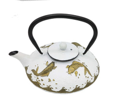Cast Iron Teapot-White with golden fish 750ml