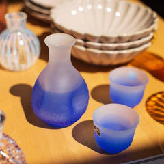 Hirota frozen glass sake set with tray snowstorm (blue) - J Mart