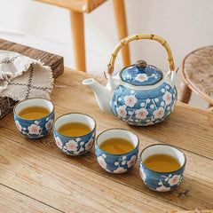 JDZ 4 cups 1 Tea pot Blue Bottom Red Flower - J Mart