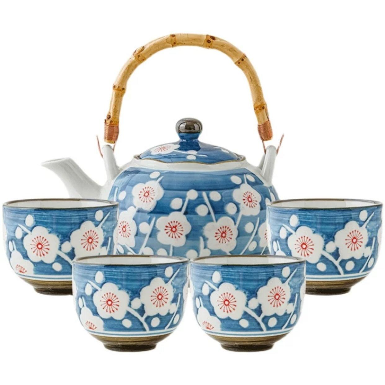 JDZ 4 cups 1 Tea pot Blue Bottom Red Flower - J Mart