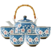JDZ 4 cups 1 Tea pot Blue Bottom Red Flower - J Mart
