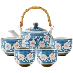 JDZ 4 cups 1 Tea pot Blue Bottom Red Flower - J Mart