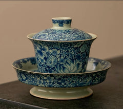 Ru Kiln Blue and White Ceramic Tea Cup – Traditional Series (Ru Dense Bloom)