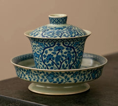 Ru Kiln Blue and White Ceramic Tea Cup – Traditional Series (Ru Floral Scroll)