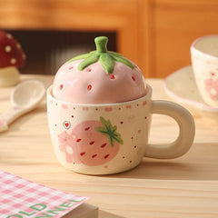 Cute Strawberry Ceramic Mug with Lid – Pink Bear & Fruit Design