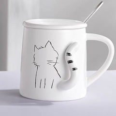 Cute Ceramic Cat Tail Mug with Lid & Spoon – 3D Tail Handle Design 350ml