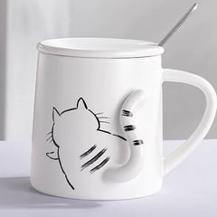Cute Ceramic Cat Tail Mug with Lid & Spoon – 3D Tail Handle Design 350ml