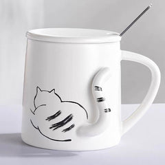 Cute Ceramic Cat Tail Mug with Lid & Spoon – 3D Tail Handle Design 350ml