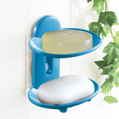 BLUE Plastic Portable Soap Dish With Wall Suction Holder for Kitchen Bathroom Double Layers Soap Storage Box Dishes Stand - J Mart