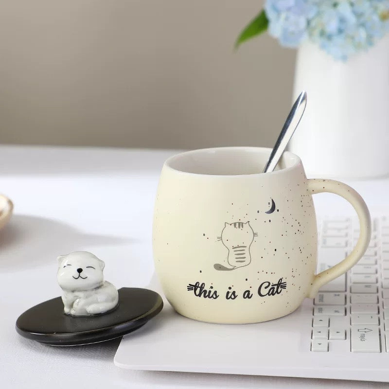 Ceramic Coffee Mug with Lid & Spoon – Cute Cat Series
