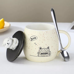 Ceramic Coffee Mug with Lid & Spoon – Cute Cat Series