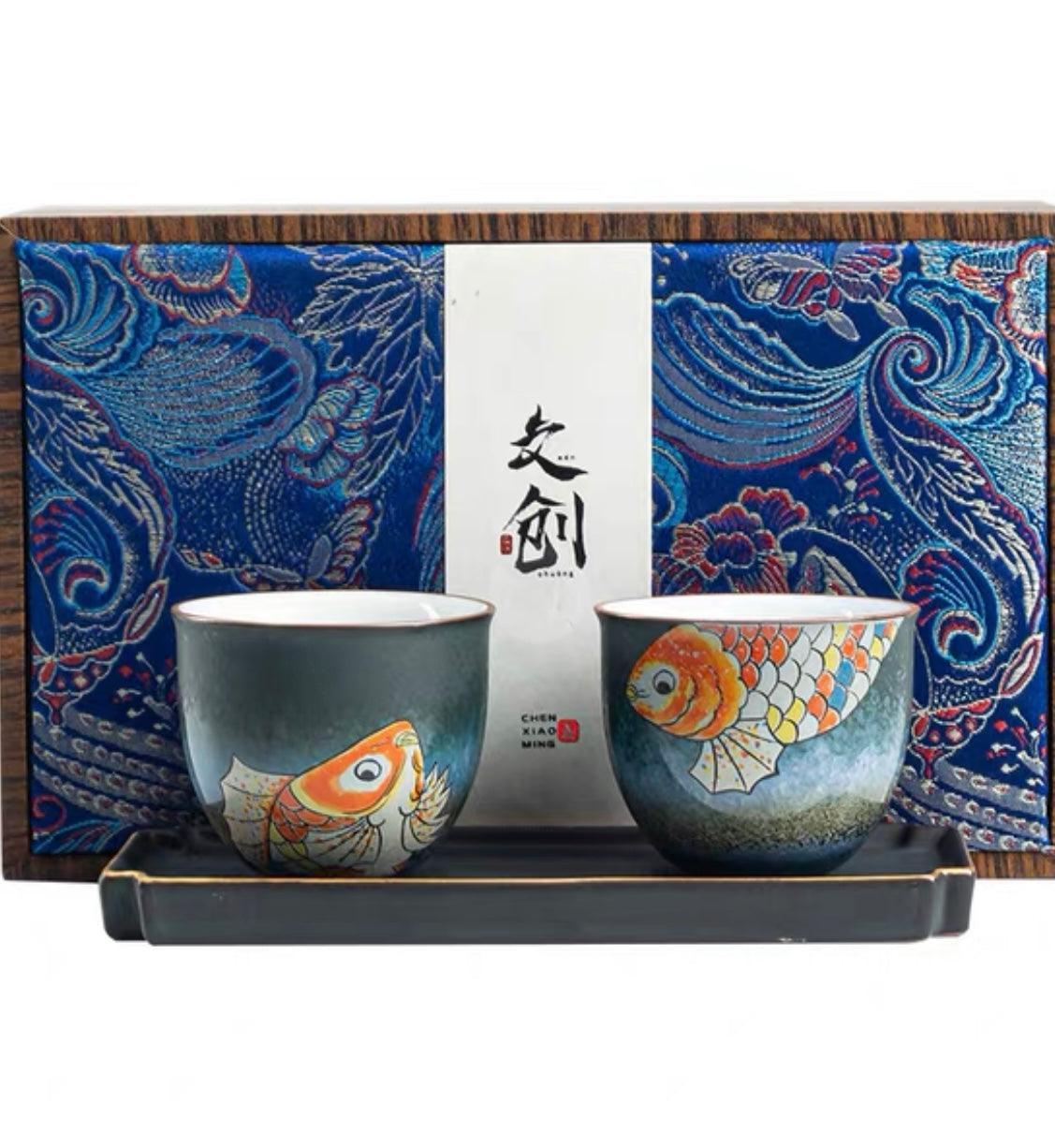 JDZ 2 Golden Fish Tea Cups with a plate - J Mart