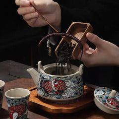 JDZ Artisan Celadon Teapot Set with Carp Pattern (1 Teapot + 2 Matching Cups)