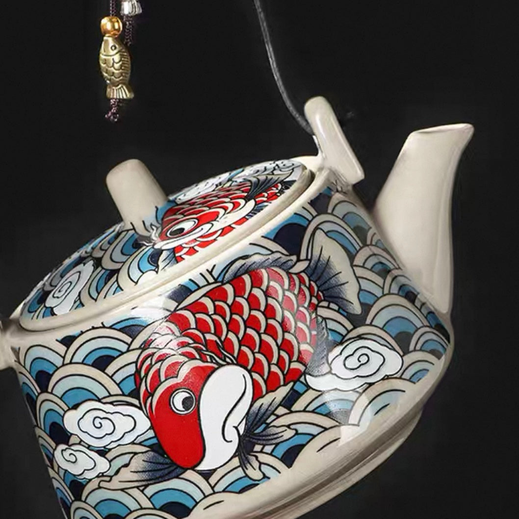 JDZ Artisan Celadon Teapot Set with Carp Pattern (1 Teapot + 2 Matching Cups)