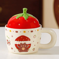 Cute Strawberry Ceramic Mug with Lid – Red Bear & Fruit Design