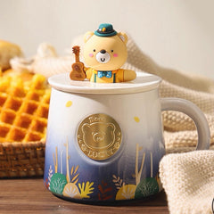 Lucky Bear Ceramic Mug with Lid – Guitar Edition