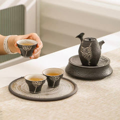 JDZ  3 cup 1 Pot Black Gold Relief Carved Tea Set