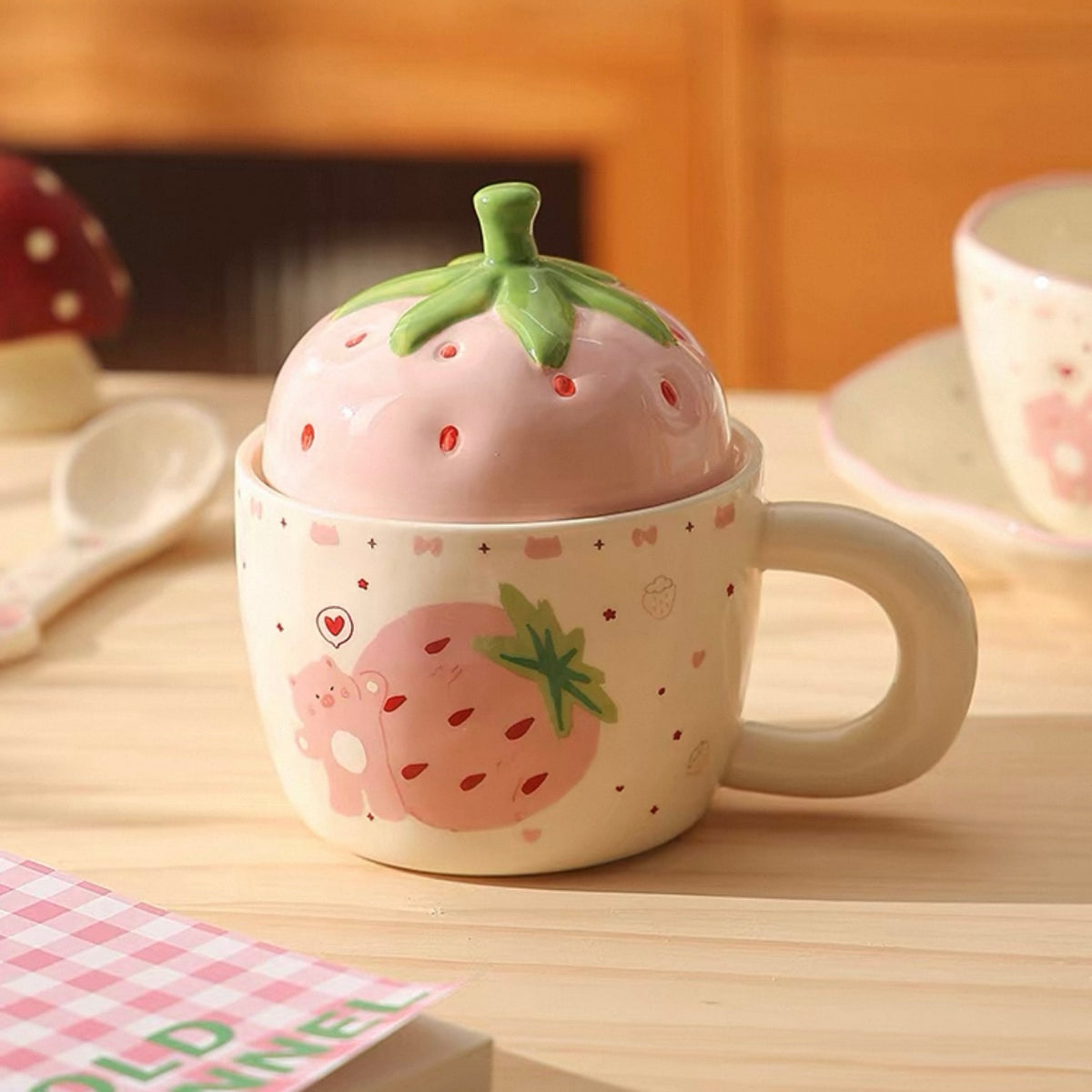 Cute Strawberry Ceramic Mug with Lid – Pink Bear & Fruit Design
