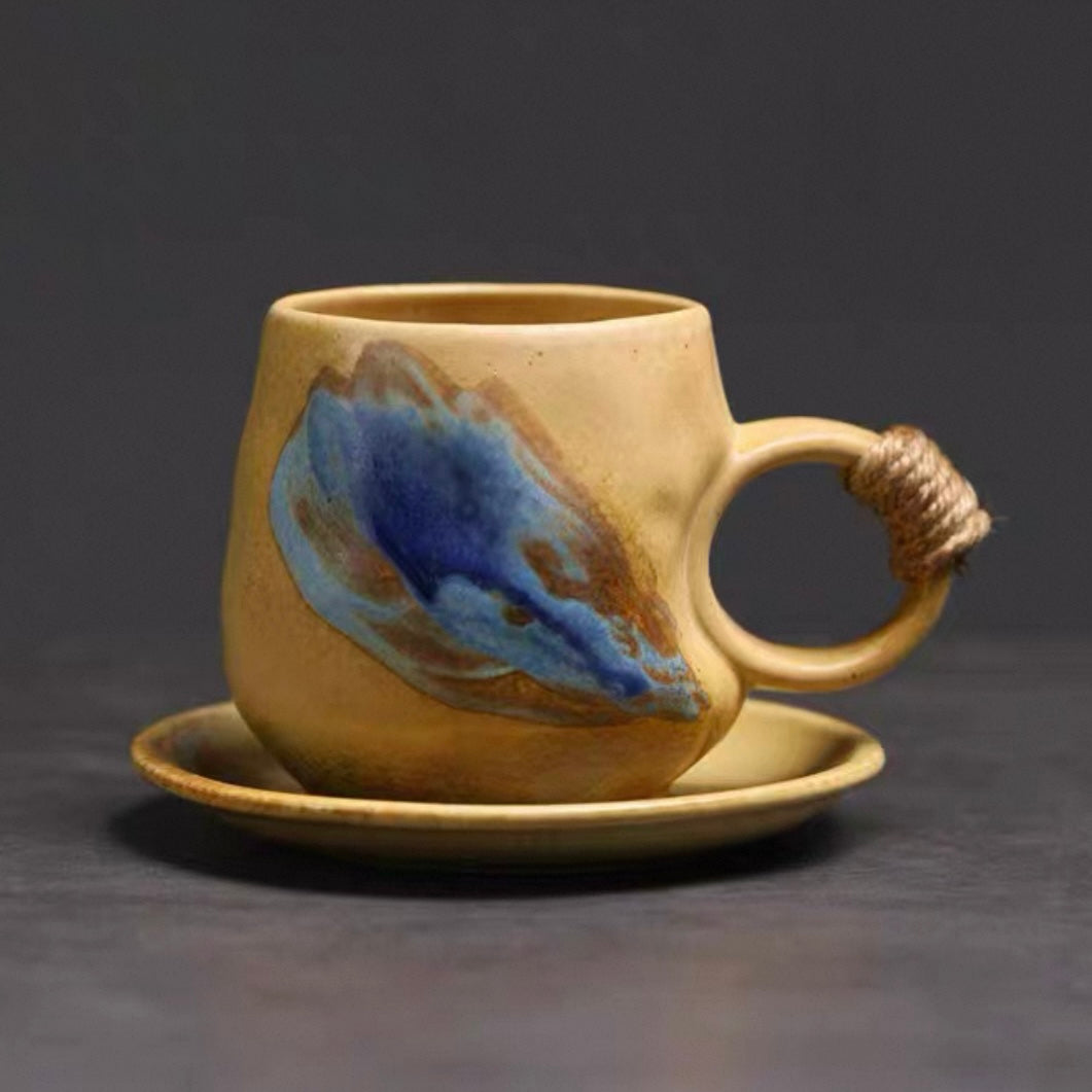 Handcrafted Ceramic Mug & Saucer Set - Rope Handle Collection