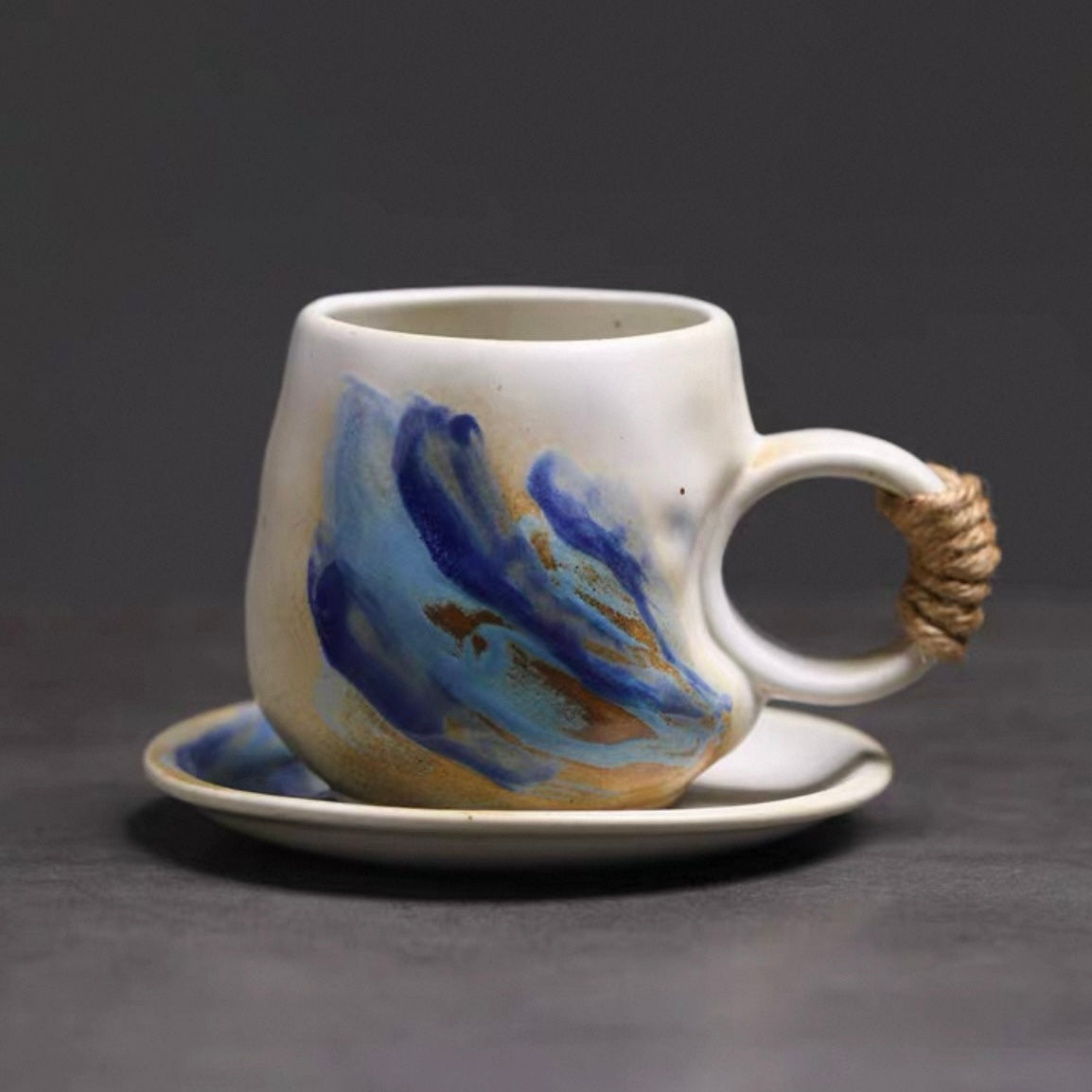Handcrafted Ceramic Mug & Saucer Set - Rope Handle Collection