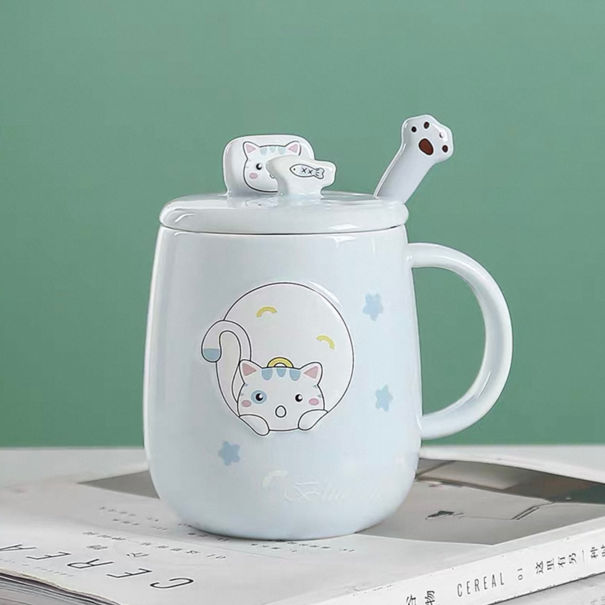 3D Cute Cat Ceramic Mug with Lid – 480ml | Warm Pastel Colours