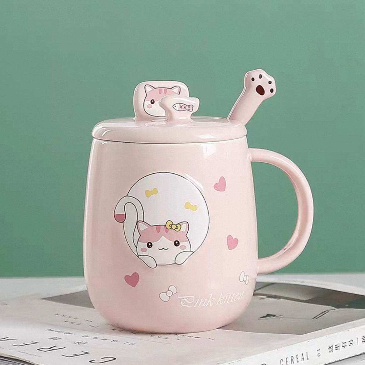 3D Cute Cat Ceramic Mug with Lid – 480ml | Warm Pastel Colours
