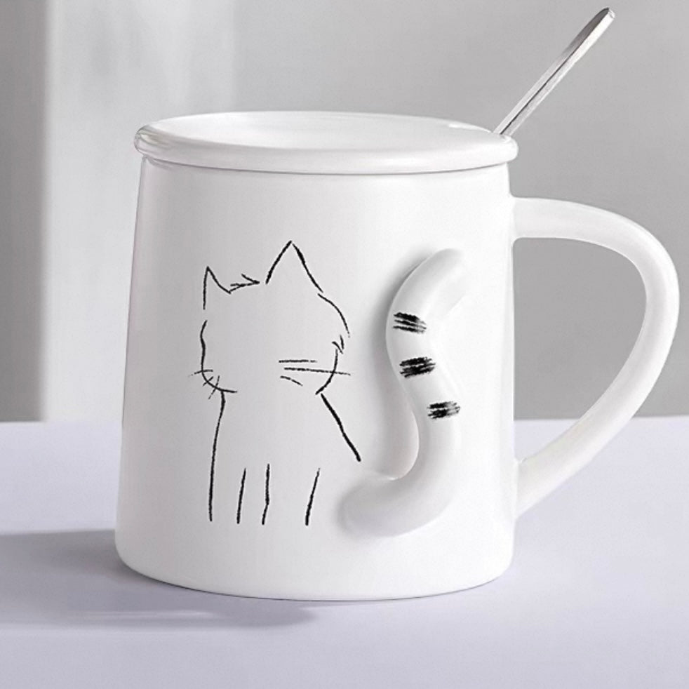 Cute Ceramic Cat Tail Mug with Lid & Spoon – 3D Tail Handle Design 350ml