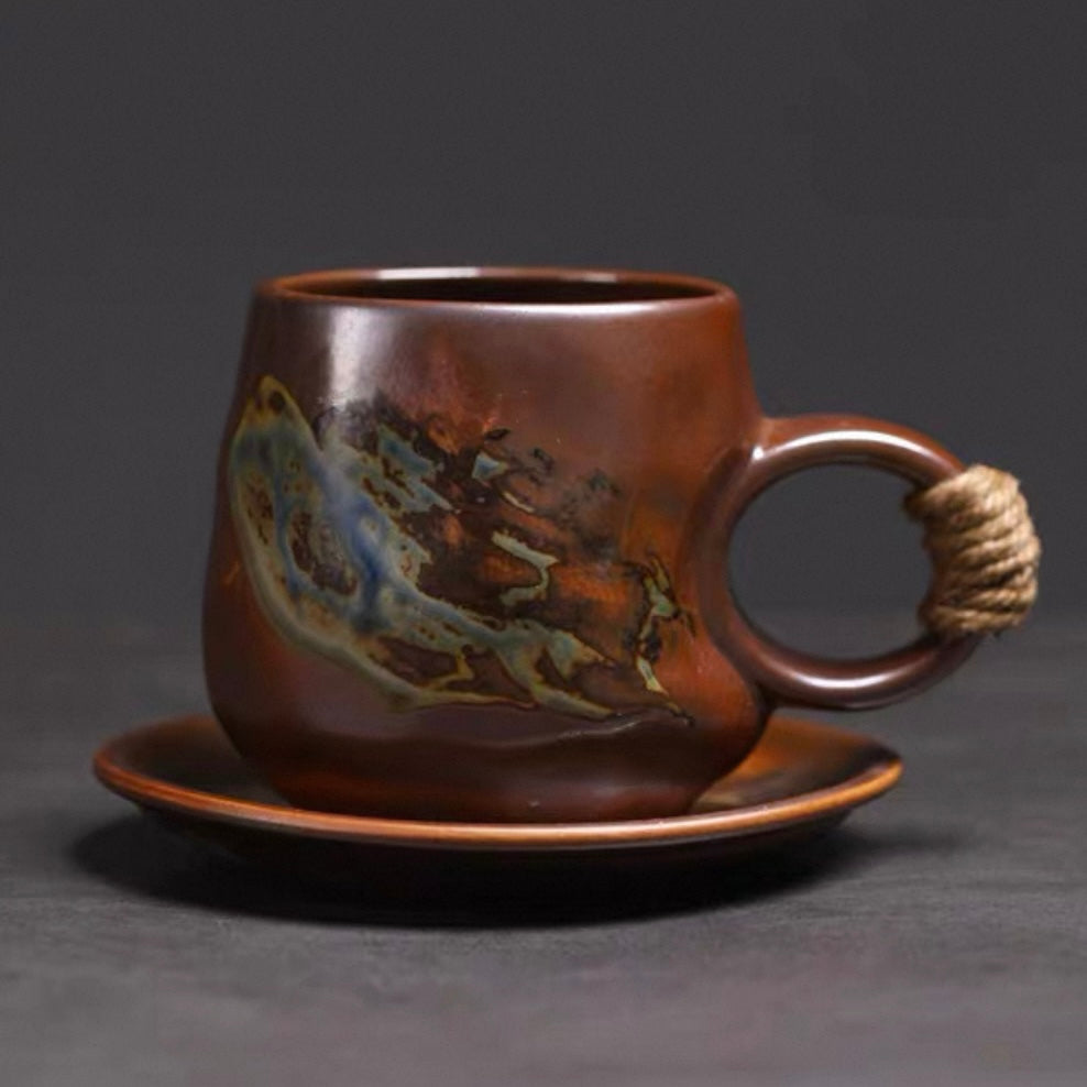Handcrafted Ceramic Mug & Saucer Set - Rope Handle Collection